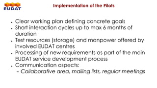 Implementation of the Pilots
● Clear working plan defining concrete goals
● Short interaction cycles up to max 6 months of
duration
● Test resources (storage) and manpower offered by
involved EUDAT centres
● Processing of new requirements as part of the main
EUDAT service development process
● Communication aspects:
− Collaborative area, mailing lists, regular meetings
 