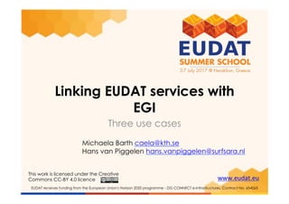 www.eudat.eu	
EUDAT receives funding from the European Union's Horizon 2020 programme - DG CONNECT e-Infrastructures. Contract No. 654065
Linking EUDAT services with
EGI
Three use cases
Michaela Barth caela@kth.se
Hans van Piggelen hans.vanpiggelen@surfsara.nl
This work is licensed under the Creative
Commons CC-BY 4.0 licence
 