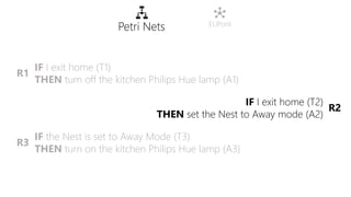 IF I exit home (T1)
THEN turn off the kitchen Philips Hue lamp (A1)
IF I exit home (T2)
THEN set the Nest to Away mode (A2...