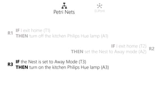 IF I exit home (T1)
THEN turn off the kitchen Philips Hue lamp (A1)
IF I exit home (T2)
THEN set the Nest to Away mode (A2...
