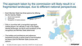 The “battle of the wallets” reignited. 31 March 2022. © INNOPAY BV. All rights reserved.
8
The approach taken by the commission will likely result in a
fragmented landscape, due to different national perspectives
Classifications for public perspective on
private identity solutions
Closed to private
Neutral to private
Open to private
• Each Member State has three options for offering
the EU Identity Wallet:
1. Government-operated
2. Outsourced
3. Recognition of market solutions
• Only in countries with a recognition approach,
market players can still play a role in the Digital
Identity landscape, but terms and conditions of the
recognition are Member State determined
• The toolbox and architecture and reference
framework provide a certain level of harmonisation
but leave room for Member State choices and
options
 