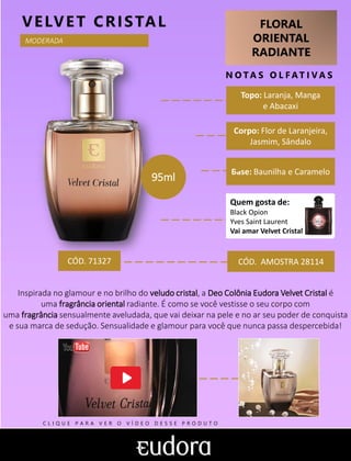 FLORAL
ORIENTAL
RADIANTE
N O TA S O L F AT I V A S
Corpo: Flor de Laranjeira,
Jasmim, Sândalo
Base: Baunilha e Caramelo
VELVET CRISTAL
CÓD. AMOSTRA 28114
Inspirada no glamour e no brilho do veludo cristal, a Deo Colônia Eudora Velvet Cristal é
uma fragrância oriental radiante. É como se você vestisse o seu corpo com
uma fragrância sensualmente aveludada, que vai deixar na pele e no ar seu poder de conquista
e sua marca de sedução. Sensualidade e glamour para você que nunca passa despercebida!
CÓD. 71327
95ml
MODERADA
Topo: Laranja, Manga
e Abacaxi
Quem gosta de:
Black Opion
Yves Saint Laurent
Vai amar Velvet Cristal
C L I Q U E P A R A V E R O V Í D E O D E S S E P R O D U T O
 