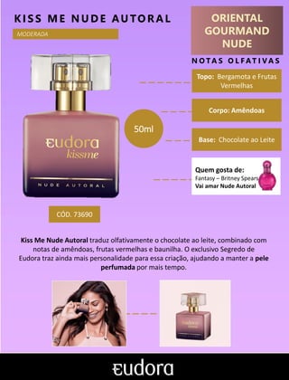 ORIENTAL
GOURMAND
NUDE
N O TA S O L F AT I V A S
Corpo: Amêndoas
Base: Chocolate ao Leite
KIS S ME NUDE AUTO RAL
Kiss Me Nude Autoral traduz olfativamente o chocolate ao leite, combinado com
notas de amêndoas, frutas vermelhas e baunilha. O exclusivo Segredo de
Eudora traz ainda mais personalidade para essa criação, ajudando a manter a pele
perfumada por mais tempo.
Topo: Bergamota e Frutas
Vermelhas
MODERADA
CÓD. 73690
50ml
Quem gosta de:
Fantasy – Britney Spears
Vai amar Nude Autoral
 