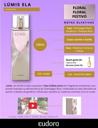 FLORAL
FLORAL
FESTIVO
N O TA S O L F AT I V A S
Corpo: Jasmim e Vanilla
Base: Madeiras Cremosas
e Musk
LÚMIS ELA
CÓD. AMOSTRA 28847
Topo: Champagne Rosé,
Gardênia e Pimenta Rosa
Quem gosta de:
J'adore Dior
Vai amar Lúmis Ela
CÓD. 24968
Lúmis, um brinde a toda conquista! A Deo Colônia Lúmis tem fragrância envolvente, com
acorde inspirado na efervescência do Champagne Rosé, combinado às notas delicadas de
jasmim e pétalas de gardênia. Sofisticada, equilibra as madeiras cremosas com os musks.
100ml
MODERADA
C L I Q U E P A R A V E R O V Í D E O D E S S E P R O D U T O
 