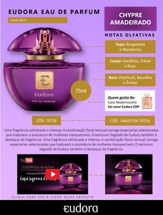 75ml
CHYPRE
AMADEIRADO
Topo: Bergamota
e Mandarina
N O TA S O L F AT I V A S
Corpo: Gardênia, Frésia
e Rosa
Base: Patchouli, Baunilha
e Âmbar
EUDO RA E AU DE PARFUM
Quem gosta de:
Coco Mademoiselle
Vai amar Eudora EDP
CÓD. 70716 CÓD. AMOSTRA 70716
Uma fragrância sofisticada e intensa; A combinação floral sensual carrega especiarias selecionadas
que traduzem a assinatura de mulheres inesquecíveis; O exclusivo Segredo de Eudora também é
destaque da fragrância. Uma fragrância sofisticada e intensa; A combinação floral sensual carrega
especiarias selecionadas que traduzem a assinatura de mulheres inesquecíveis; O exclusivo
Segredo de Eudora também é destaque da fragrância.
MARCANTE
C L I Q U E P A R A V E R O V Í D E O D E S S E P R O D U T O
 