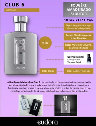 FOUGÈRE
AMADEIRADO
SEDUTOR
N O TA S O L F AT I V A S
Corpo: Flor de laranjeira
e Noz Moscada
Base: Musgo de Carvalho,
Baunilha e Sândalo
CLUB 6
CÓD. AMOSTRA 15633
A Deo Colônia Masculina Club 6 , foi inspirada no homem audacioso que aproveita
em alto estilo tudo o que a vida tem a lhe oferecer. Uma fragrância magnética e
fascinante que harmoniza o frescor do acorde cítrico e notas de menta com o rico
complexo amadeirado de sândalo, patchouli, carvalho e acordes ambarados.
Topo: Bergamota, toque
de Menta e Grapefruit
MODERADA
95ml
Quem gosta de:
Sauvage – Dior
Vai amar Club 6
CÓD. 15285
 