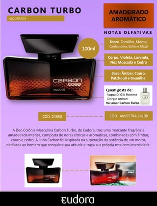 AMADEIRADO
AROMÁTICO
N O TA S O L F AT I V A S
Corpo: Violeta, Lavanda,
Noz Moscada e Cedro
Base: Âmbar, Couro,
Patchouli e Baunilha
CARBON TURBO
CÓD. AMOSTRA 24198
A Deo Colônia Masculina Carbon Turbo, de Eudora, traz uma marcante fragrância
amadeirada intensa, composta de notas cítricas e aromáticas, combinadas com âmbar,
couro e cedro. A linha Carbon foi inspirada na superação da potência de um motor,
dedicada ao homem que conquista sua atitude e traça sua própria rota com intensidade.
Topo: Tomilho, Menta,
Cardamomo, Sálvia e Maçã
MODERADA
CÓD. 24850
100ml
Quem gosta de:
Acqua Di Giò Homme
Giorgio Armani
Vai amar Carbon Turbo
 