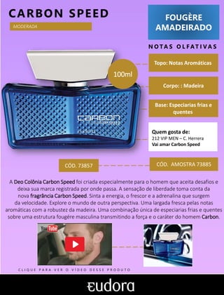 FOUGÈRE
AMADEIRADO
N O TA S O L F AT I V A S
Corpo: : Madeira
Base: Especiarias frias e
quentes
CARBON SPEED
CÓD. AMOSTRA 73885
A Deo Colônia Carbon Speed foi criada especialmente para o homem que aceita desafios e
deixa sua marca registrada por onde passa. A sensação de liberdade toma conta da
nova fragrância Carbon Speed. Sinta a energia, o frescor e a adrenalina que surgem
da velocidade. Explore o mundo de outra perspectiva. Uma largada fresca pelas notas
aromáticas com a robustez da madeira. Uma combinação única de especiarias frias e quentes
sobre uma estrutura fougére masculina transmitindo a força e o caráter do homem Carbon.
Topo: Notas Aromáticas
MODERADA
CÓD. 73857
Quem gosta de:
212 VIP MEN – C. Herrera
Vai amar Carbon Speed
100ml
C L I Q U E P A R A V E R O V Í D E O D E S S E P R O D U T O
 