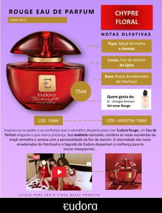 CHYPRE
FLORAL
Topo: Maçã Vermelha
e Ameixa
N O TA S O L F AT I V A S
Corpo: Flor de Jasmim
do Egito
Base: Notas Amadeiradas
de Patchouli
RO UGE E AU DE PARFUM
CÓD. AMOSTRA 73860
Inspirou-se no poder e na confiança que o vermelho desperta para criar Eudora Rouge, um Eau de
Parfum elegante e que marca presença. Sua essência marcante, combina as notas suculentas da
maçã vermelha e ameixa com a personalidade da flor de Jasmim. A intensidade das notas
amadeiradas do Patchouli e o Segredo de Eudora despertam a confiança para te
tornar inesquecível..
CÓD. 73688
75ml
MARCANTE
Quem gosta de:
Si - Giorgio Armani
Vai amar Rouge
C L I Q U E P A R A V E R O V Í D E O D E S S E P R O D U T O
 