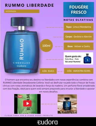 FOUGÉRE
FRESCO
N O TA S O L F AT I V A S
Corpo: Gerânio e Alecrim
Base: Vetiver e Cedro
RUMMO LIBERDADE
CÓD. AMOSTRA 92391
O homem que encontra seu destino na liberdade e em novas experiências combina com
RUMMO Liberdade Desodorante Colônia. Você vai desfrutar na pele todo o frescor de frutas
cítricas com notas aromáticas de lavanda e força da madeira. Um perfume floral amadeirado
com boa fixação, ideal para quem está sempre preparado para encarar a liberdade e apostar
em novos desafios.
Topo: Lima e Mandarina
MODERADA
Quem gosta de:
Polo Blue - Polo
Vai amar Rummo
CÓD. 91411
100ml
C L I Q U E P A R A V E R O V Í D E O D E S S E P R O D U T O
 