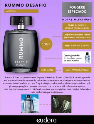 FOUGÉRE
ESPECIADO
N O TA S O L F AT I V A S
Corpo: Manjericão, Folhas
de Violeta, Pimenta Preta
Base: Patchouli e Vetiver
RUMMO DESAFIO
CÓD. AMOSTRA 93038
Rummo é mais do que conhecer lugares diferentes, é viver o desafio. É ter coragem de
encarar os riscos e incertezas de peito aberto para receber o inesperado que uma nova
experiência tem a oferecer. Uma fragrância que traduz a adrenalina através do frescor do
ginseng e gengibre, que contrasta com o acorde aromático da pimenta preta;
essa fragrância conta com o patchouli e vetiver que completam essa criação, deixando a
pele perfumada por mais tempo.
Topo: Gengibre e
Ginseng, Mandarina, Limão
MODERADA
Quem gosta de:
Y – Yves Saint Laurent
Vai amar Rummo
CÓD. 93032
100ml
 