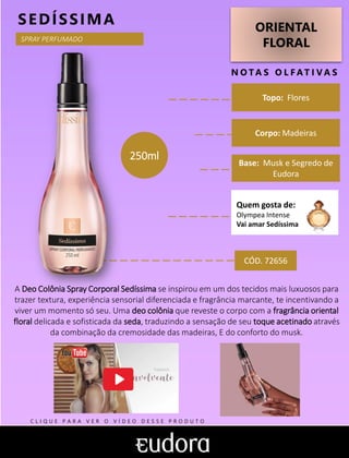 ORIENTAL
FLORAL
N O TA S O L F AT I V A S
Corpo: Madeiras
Base: Musk e Segredo de
Eudora
SEDÍSSIMA
A Deo Colônia Spray Corporal Sedíssima se inspirou em um dos tecidos mais luxuosos para
trazer textura, experiência sensorial diferenciada e fragrância marcante, te incentivando a
viver um momento só seu. Uma deo colônia que reveste o corpo com a fragrância oriental
floral delicada e sofisticada da seda, traduzindo a sensação de seu toque acetinado através
da combinação da cremosidade das madeiras, E do conforto do musk.
Topo: Flores
CÓD. 72656
250ml
SPRAY PERFUMADO
C L I Q U E P A R A V E R O V Í D E O D E S S E P R O D U T O
Quem gosta de:
Olympea Intense
Vai amar Sedíssima
 