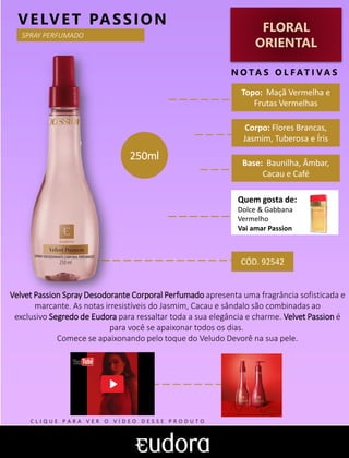 FLORAL
ORIENTAL
N O TA S O L F AT I V A S
Corpo: Flores Brancas,
Jasmim, Tuberosa e Íris
Base: Baunilha, Âmbar,
Cacau e Café
VELVET PASSION
Velvet Passion Spray Desodorante Corporal Perfumado apresenta uma fragrância sofisticada e
marcante. As notas irresistíveis do Jasmim, Cacau e sândalo são combinadas ao
exclusivo Segredo de Eudora para ressaltar toda a sua elegância e charme. Velvet Passion é
para você se apaixonar todos os dias.
Comece se apaixonando pelo toque do Veludo Devorê na sua pele.
Topo: Maçã Vermelha e
Frutas Vermelhas
CÓD. 92542
250ml
SPRAY PERFUMADO
Quem gosta de:
Dolce & Gabbana
Vermelho
Vai amar Passion
C L I Q U E P A R A V E R O V Í D E O D E S S E P R O D U T O
 