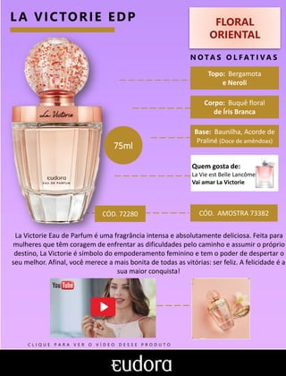 FLORAL
ORIENTAL
N O TA S O L F AT I V A S
LA VICTORIE EDP
CÓD. AMOSTRA 73382
La Victorie Eau de Parfum é uma fragrância intensa e absolutamente deliciosa. Feita para
mulheres que têm coragem de enfrentar as dificuldades pelo caminho e assumir o próprio
destino, La Victorie é símbolo do empoderamento feminino e tem o poder de despertar o
seu melhor. Afinal, você merece a mais bonita de todas as vitórias: ser feliz. A felicidade é a
sua maior conquista!
Base: Baunilha, Acorde de
Praliné (Doce de amêndoas)
Corpo: Buquê floral
de Íris Branca
Topo: Bergamota
e Neroli
CÓD. 72280
75ml
Quem gosta de:
La Vie est Belle Lancôme
Vai amar La Victorie
C L I Q U E P A R A V E R O V Í D E O D E S S E P R O D U T O
 