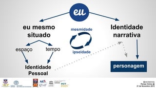 eu
eu mesmo
situado
espaço

tempo

Identidade
Pessoal

mesmidade

Identidade
narrativa

ipseidade

personagem
@ceciliatomas
Pensar Online @
21 de Novembro 2013

 