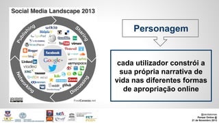 Personagem

cada utilizador constrói a
sua própria narrativa de
vida nas diferentes formas
de apropriação online

@ceciliatomas
Pensar Online @
21 de Novembro 2013

 