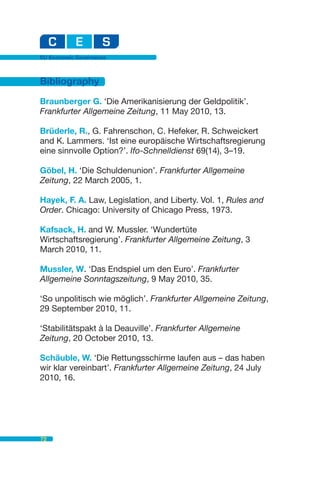 EU Economic Governance



Bibliography

Braunberger G. ‘Die Amerikanisierung der Geldpolitik’.
Frankfurter Allgemeine Zeitung, 11 May 2010, 13.

Brüderle, R., G. Fahrenschon, C. Hefeker, R. Schweickert
and K. Lammers. ‘Ist eine europäische Wirtschaftsregierung
eine sinnvolle Option?’. Ifo-Schnelldienst 69(14), 3–19.

Göbel, H. ‘Die Schuldenunion’. Frankfurter Allgemeine
Zeitung, 22 March 2005, 1.

Hayek, F. A. Law, Legislation, and Liberty. Vol. 1, Rules and
Order. Chicago: University of Chicago Press, 1973.

Kafsack, H. and W. Mussler. ‘Wundertüte
Wirtschaftsregierung’. Frankfurter Allgemeine Zeitung, 3
March 2010, 11.

Mussler, W. ‘Das Endspiel um den Euro’. Frankfurter
Allgemeine Sonntagszeitung, 9 May 2010, 35.

‘So unpolitisch wie möglich’. Frankfurter Allgemeine Zeitung,
29 September 2010, 11.

‘Stabilitätspakt à la Deauville’. Frankfurter Allgemeine
Zeitung, 20 October 2010, 13.

Schäuble, W. ‘Die Rettungsschirme laufen aus – das haben
wir klar vereinbart’. Frankfurter Allgemeine Zeitung, 24 July
2010, 16.




72
 