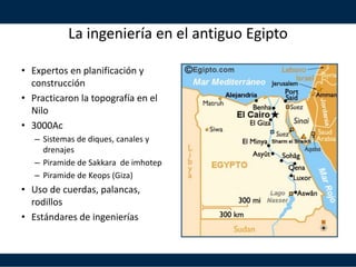 La ingeniería en el antiguo Egipto
• Expertos en planificación y
construcción
• Practicaron la topografía en el
Nilo
• 3000Ac
– Sistemas de diques, canales y
drenajes
– Piramide de Sakkara de imhotep
– Piramide de Keops (Giza)
• Uso de cuerdas, palancas,
rodillos
• Estándares de ingenierías
 