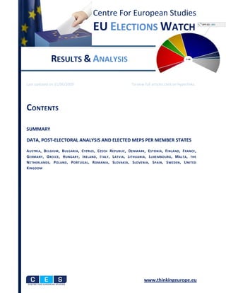 Centre For European Studies
                                         EU ELECTIONS WATCH

               RESULTS & ANALYSIS

Last updated on 11/06/2009                                       To view full articles click on hyperlinks.




CONTENTS

SUMMARY

DATA, POST-ELECTORAL ANALYSIS AND ELECTED MEPS PER MEMBER STATES

A USTRIA , B ELGIUM , B ULGARIA , C YPRUS , C ZECH R EPUBLIC , D ENMARK , E STONIA , F INLAND , F RANCE ,
G ERMANY , G REECE , H UNGARY , I RELAND , I TALY , L ATVIA , L ITHUANIA , L UXEMBOURG , M ALTA , THE
N ETHERLANDS , P OLAND , P ORTUGAL , R OMANIA , S LOVAKIA , S LOVENIA , S PAIN , S WEDEN , U NITED
K INGDOM




                                                                         www.thinkingeurope.eu
 