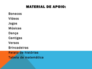 MATERIAL DE APOIO: 
Bonecos 
Vídeos 
Jogos 
Músicas 
Dança 
Cantigas 
Versos 
Brincadeiras 
Relato de histórias 
Tabela de matemática 
 