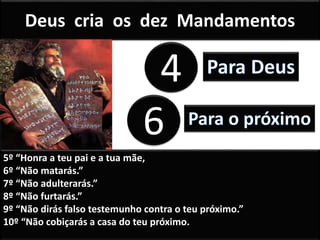Deus cria os dez Mandamentos
4
6
5º “Honra a teu pai e a tua mãe,
6º “Não matarás.”
7º “Não adulterarás.”
8º “Não furtarás.”
9º “Não dirás falso testemunho contra o teu próximo.”
10º “Não cobiçarás a casa do teu próximo.
 