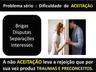 A não ACEITAÇÃO leva a rejeição que por
sua vez produz TRAUMAS E PRECONCEITOS.
Brigas
Disputas
Separações
interesses
Problema sério : Dificuldade de ACEITAÇÃO
 