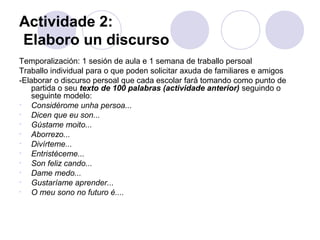 Actividade 2:
Elaboro un discurso
Temporalización: 1 sesión de aula e 1 semana de traballo persoal
Traballo individual para o que poden solicitar axuda de familiares e amigos
-Elaborar o discurso persoal que cada escolar fará tomando como punto de
partida o seu texto de 100 palabras (actividade anterior) seguindo o
seguinte modelo:
• Considérome unha persoa...
• Dicen que eu son...
• Gústame moito...
• Aborrezo...
• Divírteme...
• Entristéceme...
• Son feliz cando...
• Dame medo...
• Gustaríame aprender...
• O meu sono no futuro é....
 