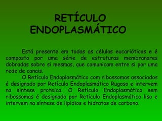 RETÍCULO
ENDOPLASMÁTICO
Está presente em todas as células eucarióticas e é
composto por uma série de estruturas membranares
dobradas sobre si mesmas, que comunicam entre si por uma
rede de canais.
O Retículo Endoplasmático com ribossomas associados
é designado por Retículo Endoplasmático Rugoso e intervem
na síntese proteica. O Retículo Endoplasmático sem
ribossomas é designado por Retículo Endoplasmático liso e
intervem na síntese de lipídios e hidratos de carbono.
 
