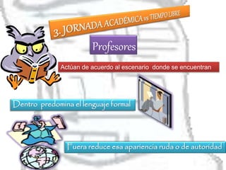 Actúan de acuerdo al escenario donde se encuentran
Profesores
Dentro predomina el lenguaje formal
Fuera reduce esa apariencia ruda o de autoridad
 
