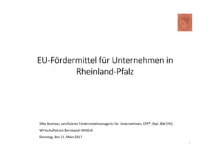 EU-Fördermittel für Unternehmen in
Rheinland-Pfalz
Silke Bremser, zertifizierte Fördermittelmanagerin für Unternehmen, CFP®, Dipl.-BW (FH)
Wirtschaftskreis Bernkastel-Wittlich
Dienstag, den 21. März 2017
1
 