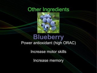 Some Common ORAC Values 1 apple  3903 Blueberry 1 cup  9019 Small Red Bean ½ cup  13727 