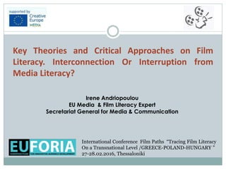 Irene Andriopoulou
EU Media & Film Literacy Expert
Secretariat General for Media & Communication
Key Theories and Critical Approaches on Film
Literacy. Interconnection Or Interruption from
Media Literacy?
International Conference Film Paths “Tracing Film Literacy
On a Transnational Level /GREECE-POLAND-HUNGARY ”
27-28.02.2016, Thessaloniki
 