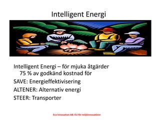 Intelligent Energi




Intelligent Energi – för mjuka åtgärder
   75 % av godkänd kostnad för
SAVE: Energieffektivisering
...