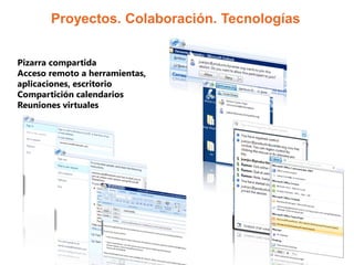 Proyectos. Colaboración. Tecnologías


Pizarra compartida
Acceso remoto a herramientas,
aplicaciones, escritorio
Compartición calendarios
Reuniones virtuales
 