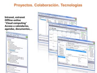 Proyectos. Colaboración. Tecnologías


Intranet, extranet
Offline-online
“Cloud computing”
Acceso a calendarios,
agendas, documentos,...
 