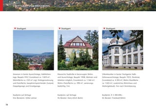 STUTTGART UND UMGEBUNG




      ▼ Stuttgart                                     ▼ Stuttgart                                   ▼ Stuttgart    




     Anwesen in bester Aussichtslage, Halbhöhen-     Klassische Stadtvilla in bevorzugter Wohn-    Villenklassiker in bester Stuttgarter Halb-
     lage, Baujahr 1957, Grundstück ca. 1.829 m²,    und Aussichtslage, Baujahr 1908, Wohnen und   höhenaussichtslage, Baujahr 1923, Denkmal,
     Wohnﬂäche ca. 230 m² zzgl. Einliegerwohnung     Arbeiten möglich, Grundstück ca. 1.366 m²,    Grundstück ca. 4.394 m², Wohn-/Nutzﬂäche
     und Nutzﬂäche, baujahrentsprechender Zustand,   Wohn-/Nutzﬂäche ca. 398 m², sanierungs-       ca. 1.024 m², zusätzliches Wohnhaus und
     Doppelgarage und Einzelgarage.                  bedürftig. Frei.                              Ateliergebäude. Frei nach Vereinbarung.



     Kaufpreis auf Anfrage                           Kaufpreis: auf Anfrage                        Kaufpreis: € 3.300.000,–
     Ihre Beraterin: Ulrike Lehner                   Ihr Berater: Hans-Ulrich Bettin               Ihr Berater: Friedwalt Böhm


18
 