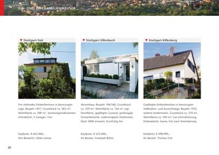 EIN- UND ZWEIFAMILIENHÄUSER




      ▼ Stuttgart-Süd                                 ▼ Stuttgart-Sillenbuch                           ▼ Stuttgart-Killesberg




     Frei stehendes Einfamilienhaus in bevorzugter   Atriumhaus, Baujahr 1967/68, Grundstück          Gepﬂegtes Einfamilienhaus in bevorzugter
     Lage, Baujahr 1927, Grundstück ca. 583 m²,      ca. 259 m², Wohnﬂäche ca. 146 m² zzgl.           Halbhöhen- und Aussichtslage, Baujahr 1952,
     Wohnﬂäche ca. 200 m², Sanierungsmaßnahmen       Nutzﬂäche, gepﬂegter Zustand, großzügige         laufend modernisiert, Grundstück ca. 270 m²,
     erforderlich, 5 Garagen. Frei.                  Fensterbereiche, isolierverglaste Holzfenster,   Wohnﬂäche ca. 100 m², Gas-Zentralheizung,
                                                     Dach 2009 erneuert. Kurzfristig frei.            Einbauküche, Sauna. Frei nach Vereinbarung.



     Kaufpreis: € 645.000,–                          Kaufpreis: € 525.000,–                           Kaufpreis: € 498.000,–
     Ihre Beraterin: Ulrike Lehner                   Ihr Berater: Friedwalt Böhm                      Ihr Berater: Thomas Fink


20
 