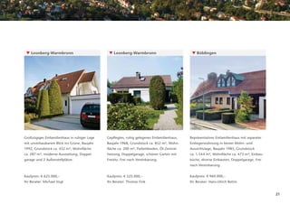 ▼ Leonberg-Warmbronn                          ▼ Leonberg-Warmbronn                          ▼ Böblingen




Großzügiges Einfamilienhaus in ruhiger Lage   Gepﬂegtes, ruhig gelegenes Einfamilienhaus,   Repräsentatives Einfamilienhaus mit separater
mit unverbaubarem Blick ins Grüne, Baujahr    Baujahr 1968, Grundstück ca. 852 m², Wohn-    Einliegerwohnung in bester Wohn- und
1992, Grundstück ca. 452 m², Wohnﬂäche        ﬂäche ca. 200 m², Parkettboden, Öl-Zentral-   Aussichtslage, Baujahr 1985, Grundstück
ca. 287 m², moderne Ausstattung, Doppel-      heizung, Doppelgarage, schöner Garten mit     ca. 1.544 m², Wohnﬂäche ca. 473 m², Einbau-
garage und 2 Außenstellplätze.                Freisitz. Frei nach Vereinbarung.             küche, diverse Einbauten, Doppelgarage. Frei
                                                                                            nach Vereinbarung.


Kaufpreis: € 625.000,–                        Kaufpreis: € 525.000,–                        Kaufpreis: € 960.000,–
Ihr Berater: Michael Vogt                     Ihr Berater: Thomas Fink                      Ihr Berater: Hans-Ulrich Bettin


                                                                                                                                            21
 