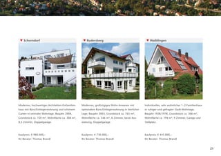 ▼ Schorndorf                                      ▼ Rudersberg                                     ▼ Waiblingen




Modernes, hochwertiges Architekten-Einfamilien-   Modernes, großzügiges Wohn-Anwesen mit           Individuelles, sehr wohnliches 1–2-Familienhaus
haus mit Büro/Einliegerwohnung und schönem        optionalem Büro/Einliegerwohnung in herrlicher   in ruhiger und gefragter Stadt-Wohnlage,
Garten in zentraler Wohnlage, Baujahr 2004,       Lage, Baujahr 2003, Grundstück ca. 765 m²,       Baujahr 1928/1978, Grundstück ca. 306 m²,
Grundstück ca. 720 m², Wohnﬂäche ca. 308 m²,      Wohnﬂäche ca. 346 m², 8 Zimmer, beste Aus-       Wohnﬂäche ca. 194 m², 9 Zimmer, Garage und
8,5 Zimmer, Doppelgarage.                         stattung, Doppelgarage.                          Stellplatz.



Kaufpreis: € 980.000,–                            Kaufpreis: € 730.000,–                           Kaufpreis: € 445.000,–
Ihr Berater: Thomas Brandl                        Ihr Berater: Thomas Brandl                       Ihr Berater: Thomas Brandl


                                                                                                                                                     23
 