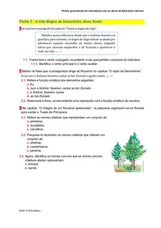 Fichas gramaticais em articulação com as obras de Educação Literária
EUG5 © Porto Editora
Ficha 3 · A Vida Mágica da Sementinha, Alves Redol
1 Lê o primeiroparágrafodocapítulo “Falamos bagosde trigo”.
1.1. Transcreve o verbo conjugado no pretérito mais-que-perfeito composto do indicativo.
1.1.1. Identifica o verbo principal e o verbo auxiliar.
2 Atenta na frase que a protagonista dirige ao Rouxinol no capítulo “O rapto da Sementinha”.
Eu já ouvi o António Seareiro cantar ao boi Doirado e gostei muito. (p. 17)
2.1. Refere a função sintática dos elementos seguintes:
a. Eu
b. ouvi o António Seareiro cantar ao boi Doirado
c. o António Seareiro cantar
d. ao boi Doirado
2.2. Reescreve a frase, acrescentando uma expressão com a função sintática de vocativo.
3 No capítulo “O milagre de um Rouxinol apaixonado”, os pássaros organizam-se na floresta
para cantar a Toada da Primavera.
3.1. Refere os nomes coletivos que representam um conjunto de:
a. pinheiros;
b. eucaliptos;
c. carvalhos.
3.2. Pesquisa no dicionário os nomes coletivos que referem um
conjunto de:
a. oliveiras;
b. castanheiros;
c. pereiras.
3.3. Agora, identifica os nomes comuns que os nomes comuns
coletivos abaixo representam.
a. bosque;
b. bando.
Metidos numa velha arca, desde que o António Seareiro os
guardara para semente, os bagos de trigotinham acabado por
adormecer naquela escuridão de muitos meses, julgando
talvez que estavam esquecidos e ali ficariam a apodrecer o
resto da vida. (p. 11)
 