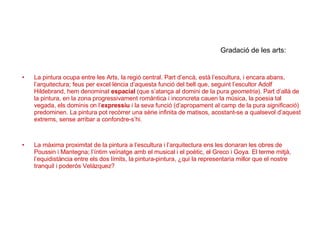     Gradació de les arts: La pintura ocupa entre les Arts, la regió central. Part d’encà, està l’escultura, i encara abans, l’arquitectura; feus per excel·lència d’aquesta funció del bell que, seguint l’escultor Adolf Hildebrand, hem denominat  espacial  (que s’atança al domini de la pura  geometria ). Part d’allà de la pintura, en la zona progressivament romàntica i inconcreta cauen la música, la poesia tal vegada, els dominis on l’ expressiu  i la seva funció (d’apropament al camp de la pura  significació ) predominen. La pintura pot recòrrer una sèrie infinita de matisos, acostant-se a qualsevol d’aquest extrems, sense arribar a confondre-s’hi. La màxima proximitat de la pintura a l’escultura i l’arquitectura ens les donaran les obres de Poussin i Mantegna; l’íntim veïnatge amb el musical i el poètic, el Greco i Goya. El terme mitjà, l’equidistància entre els dos límits, la pintura-pintura, ¿qui la representaria millor que el nostre tranquil i poderós Velázquez? 