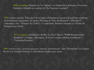 1955: 5 octobre: Première de "Le Tableau" au Théâtre de la Huchette. 15 octobre:
          Première à Helsinki (en suédois) de "Le Nouveau Locataire".



1970: Ionesco devient "Chevalier" de la Légion d'Honneur et reçoit le Grand Prix autrichien
de la littérature européenne. 24 janvier: Première de "Jeux de Massacre" à Düsseldorf
(Allemagne, titre: "Triumpf des Todes"). 11 septembre: Première française au Théâtre de
Montparnasse (Paris).


           1971: 4 janvier: télédiffusion du film "La Vase" dans le "WDR Westdeutscher
           Rundfunk" (Cologne, Allemagne). 25 février: Ionesco devient membre de l'
           "Académie Française".


1983: Ionesco joue - pour un gala pour Amnesty International - dans "Freshwater" de Virginia
Woolf avec Nathalie Sarraute et Alain Robbe-Grillet entre autres.
 
