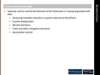 Custom field types can be thought of as a merging between fields, custom web parts, validators, and event receiversCustom Field Types DefinedCustom Field Type ScenariosCustom field types allow developers to interact with and extend the way in which Windows SharePoint Services organizes, collects, modifies, stores, and displays list item data: