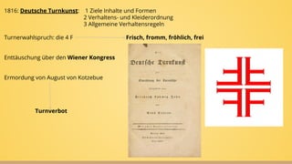 1816: Deutsche Turnkunst: 1 Ziele Inhalte und Formen
2 Verhaltens- und Kleiderordnung
3 Allgemeine Verhaltensregeln
Turnerwahlspruch: die 4 F Frisch, fromm, fröhlich, frei
Enttäuschung über den Wiener Kongress
Ermordung von August von Kotzebue
Turnverbot
 