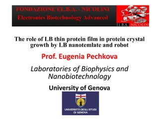 The role of LB thin protein film in protein crystal
growth by LB nanotemlate and robot
Prof. Eugenia Pechkova
Laboratories of Biophysics and
Nanobiotechnology
University of Genova
Italy
 