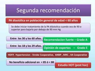 Segunda recomendación
Se debe iniciar tratamiento de la PA diástolica cuando sea de 90 o
superior para bajarla por debajo de 90 mm Hg
Entre los 30 y los 60 años.
HDFP, Hypertension - Stroke Cooperative, ANBP , MRC , VA Cooperative
Recomendacion fuerte – Grado A
PA diastólica en población general de edad < 60 años
Entre los 18 y los 29 años.
Opinión de expertos – Grado E
No beneficio adicional en < 85 ó < 80
Estudio HOT (post hoc)
 