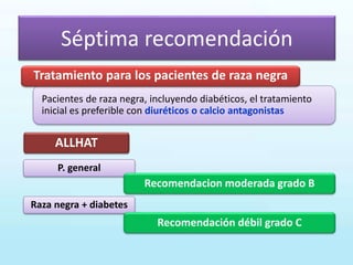 Séptima recomendación
Pacientes de raza negra, incluyendo diabéticos, el tratamiento
inicial es preferible con diuréticos o calcio antagonistas
P. general
ALLHAT
Recomendacion moderada grado B
Tratamiento para los pacientes de raza negra
Raza negra + diabetes
Recomendación débil grado C
 