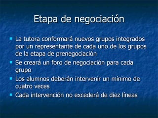 Etapa de negociación La tutora conformará nuevos grupos integrados por un representante de cada uno de los grupos de la etapa de prenegociación Se creará un foro de negociación para cada grupo Los alumnos deberán intervenir un mínimo de cuatro veces  Cada intervención no excederá de diez líneas 