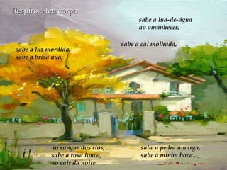 Respiro o teu corpo:   sabe a lua-de-água ao amanhecer,   sabe a cal molhada,   sabe a luz mordida, sabe a brisa nua,   ao sangue dos rios, sabe a rosa louca, ao cair da noite  sabe a pedra amarga, sabe à minha boca...   