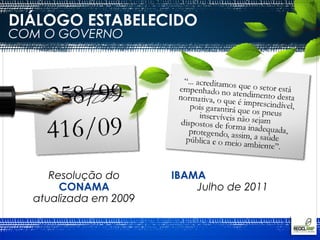 DIÁLOGO ESTABELECIDO
COM O GOVERNO




     Resolução do      IBAMA
       CONAMA              Julho de 2011
  atualizada em 2009
 